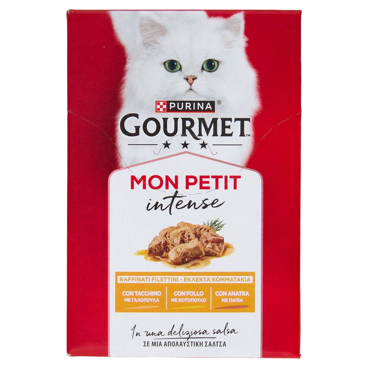 PURINA GOURMET Mon Petit Filettini Intense cotti in Salsa Tacchino, Pollo, Anatra 6x50g