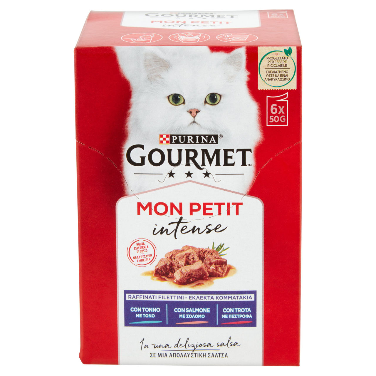 PURINA GOURMET Mon Petit Filettini Intense cotti in Salsa (Tonno / Salmone / Trota) 6x50g