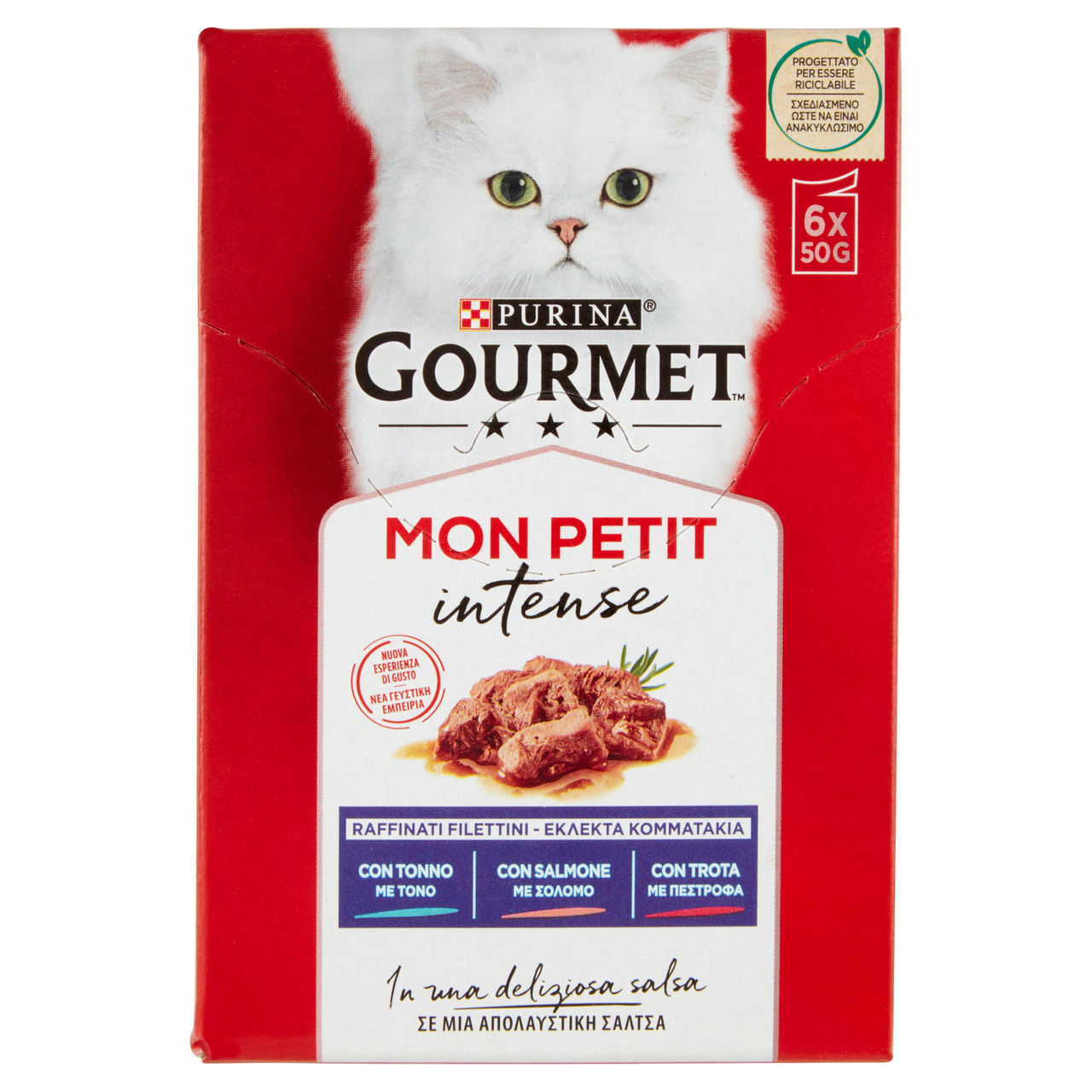 PURINA GOURMET Mon Petit Filettini Intense cotti in Salsa (Tonno / Salmone / Trota) 6x50g