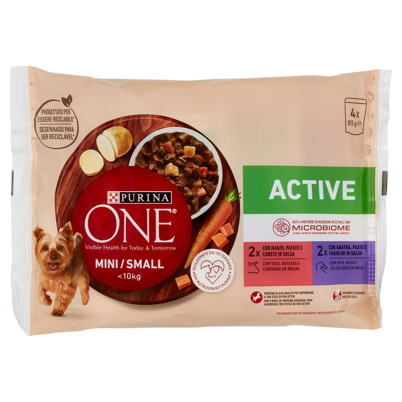 PURINA ONE Mini/Small Active Manzo e Anatra in Salsa 4 x 85 g