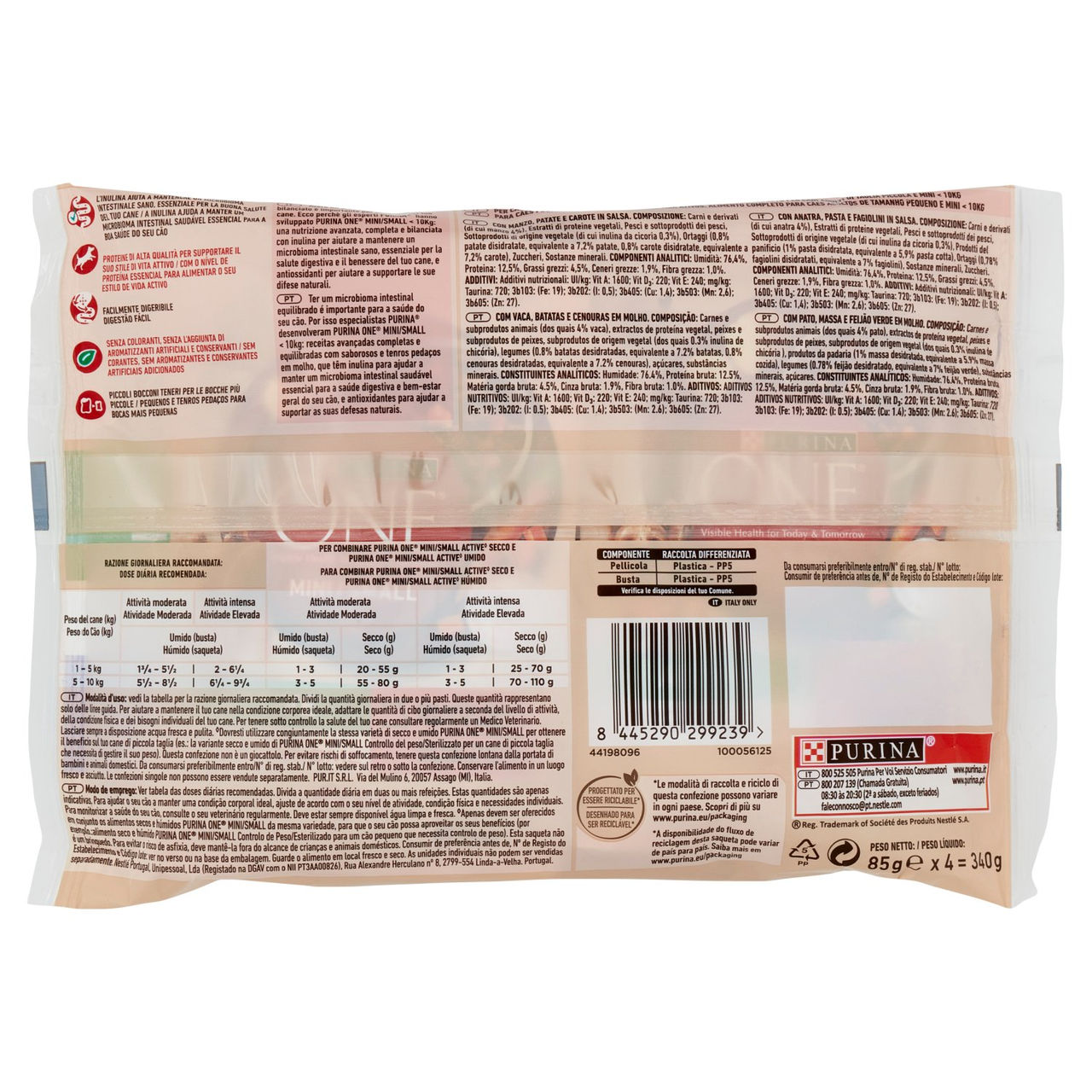 PURINA ONE Mini/Small Active Manzo e Anatra in Salsa 4 x 85 g