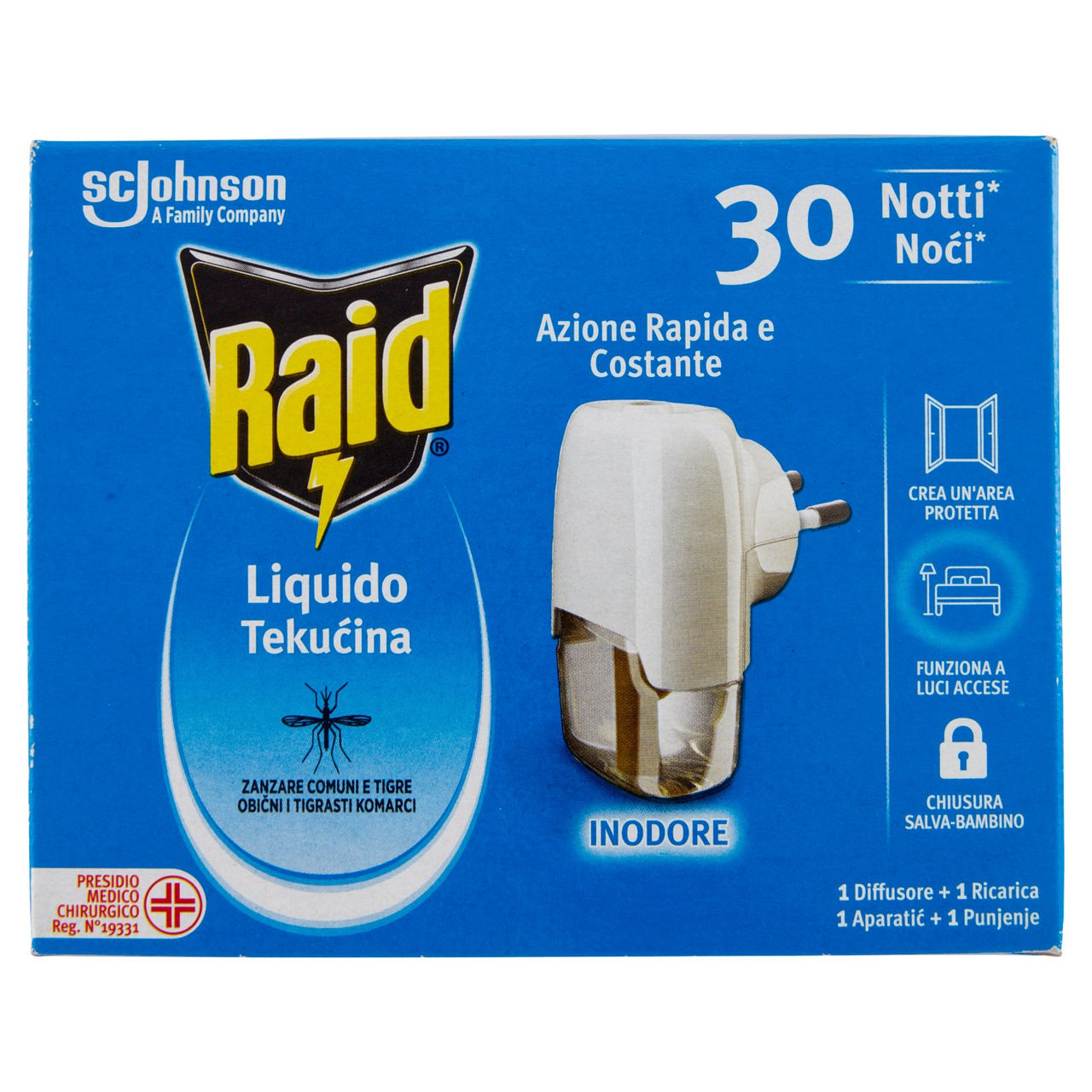 Raid Liquido Elettrico Antizanzare Contro Zanzare, 1 Base e 1 Ricarica 21 ml, 30 Notti