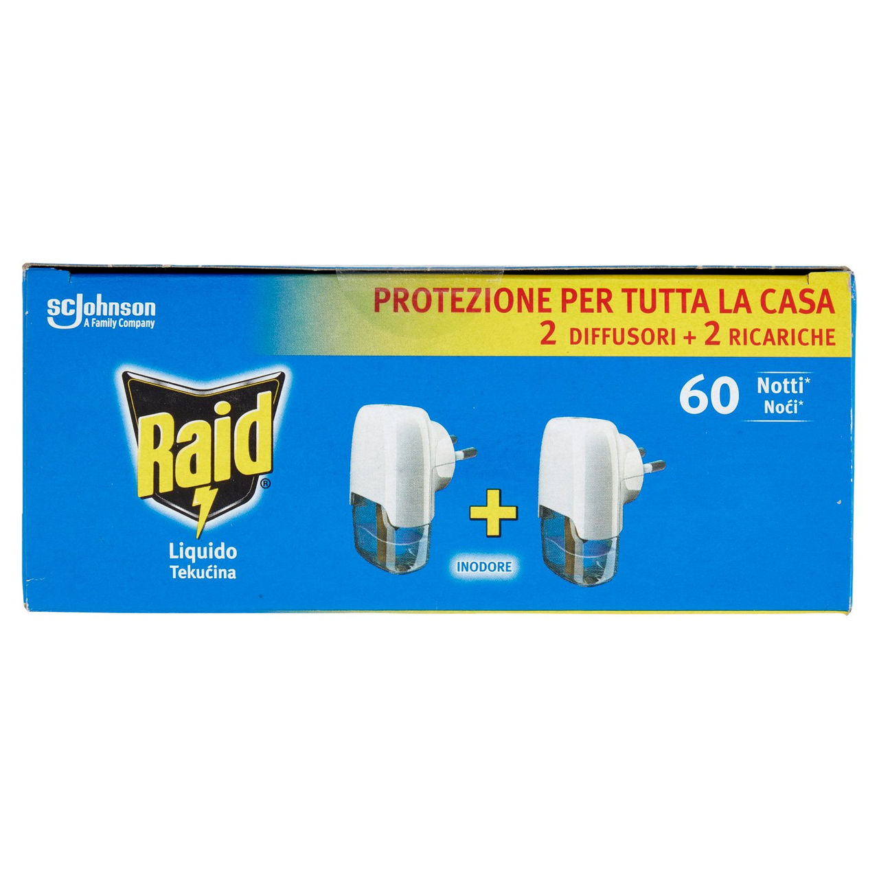 Raid Liquido Elettrico Antizanzare, Inodore, 60 Notti, 2 Diffusori e 2 Ricariche