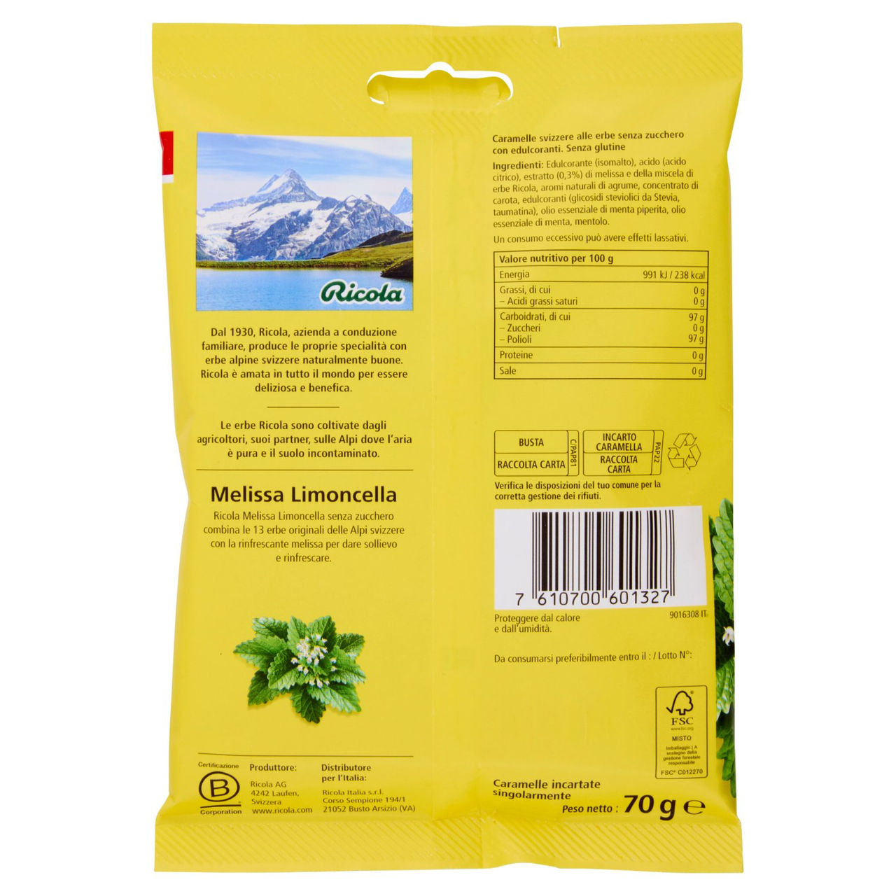 Ricola Melissa Limoncella Senza Zucchero 70 g