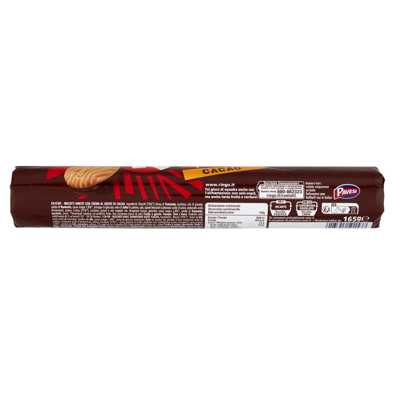 Ringo Cacao Biscotti Farciti con Crema Cacao Snack Merenda Tubo, 165g