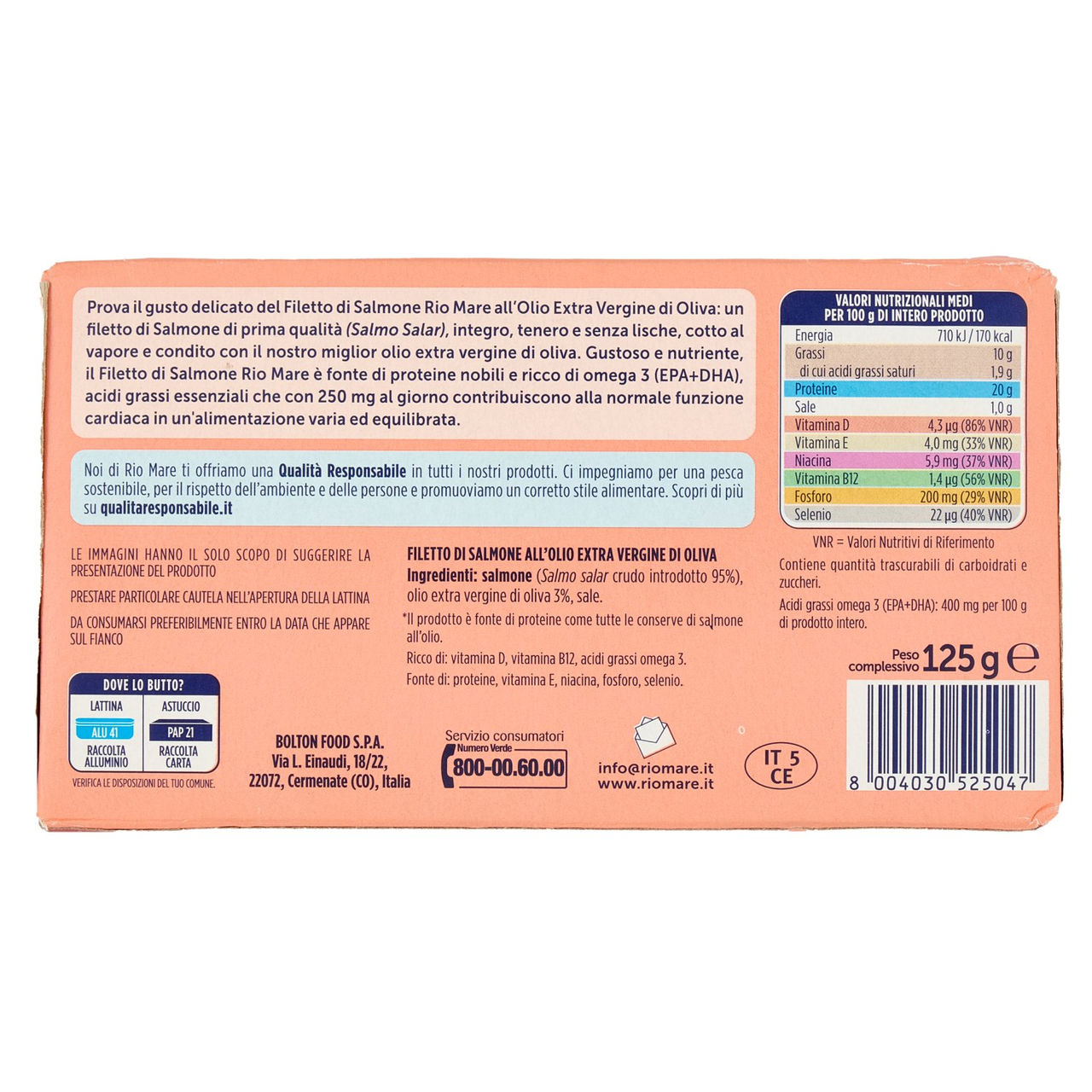 Rio mare Filetto di Salmone all'Olio Extra Vergine di Oliva al Vapore 125 g