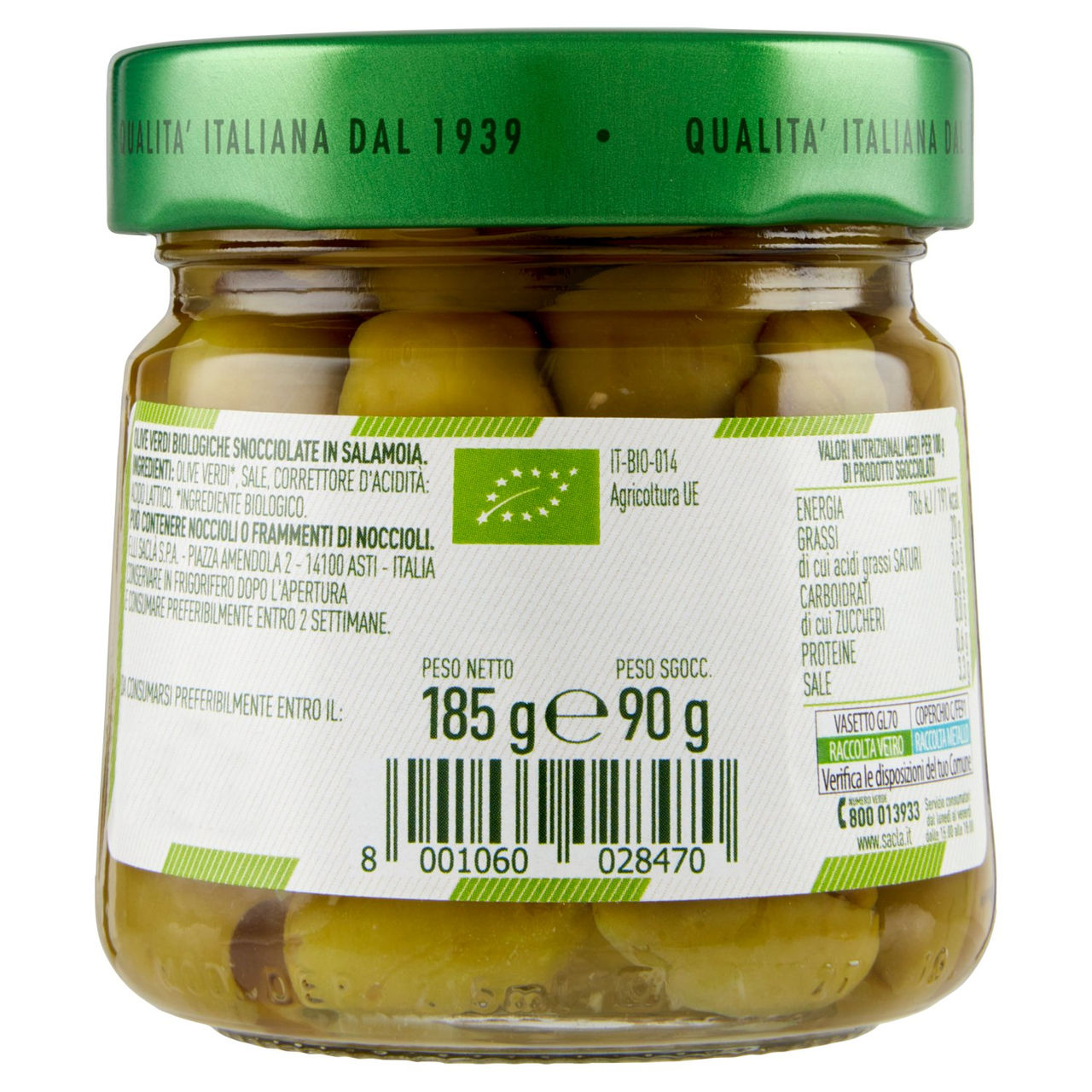 Saclà Bio OlivOlì Verdi Snocciolate 185 g