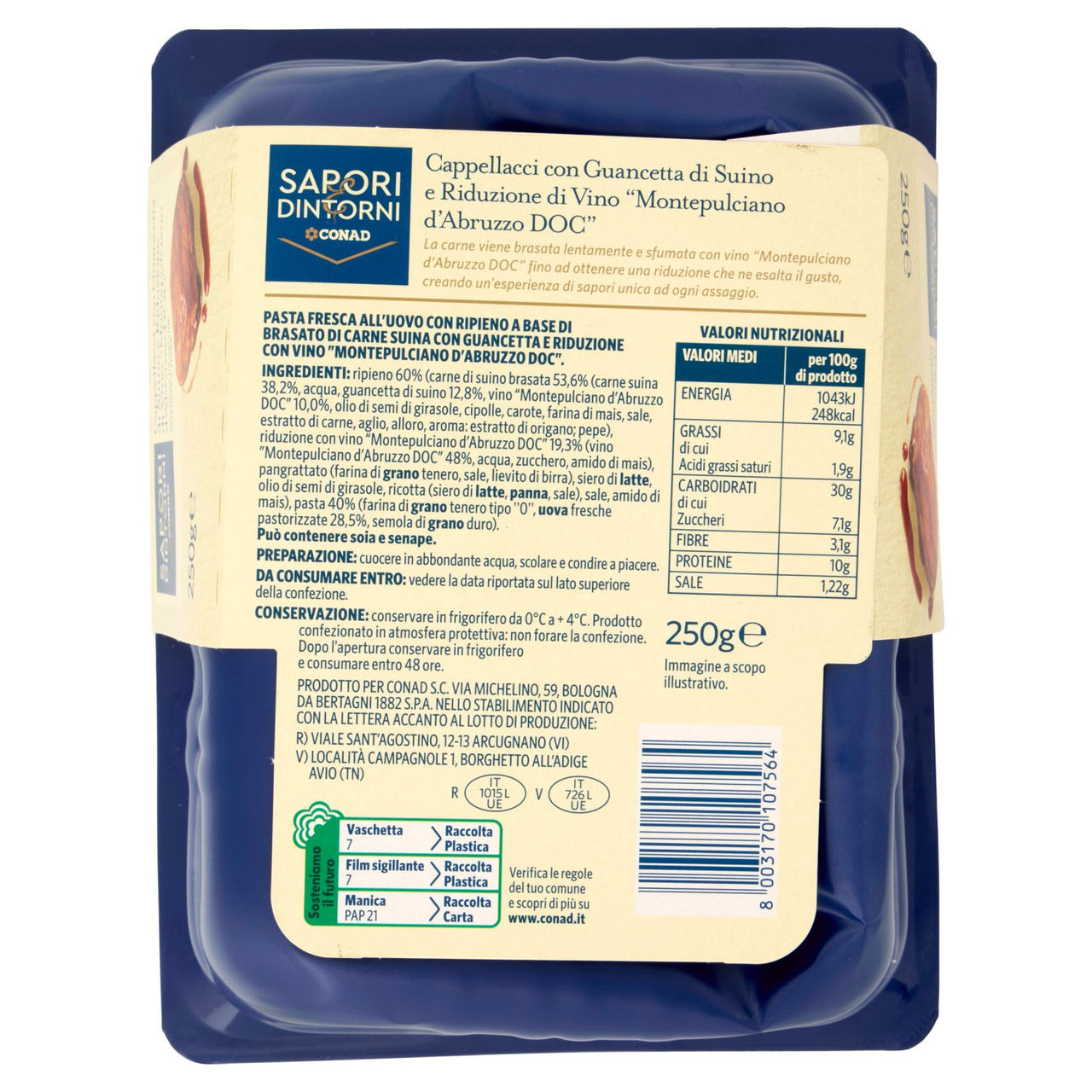 SAPORI & DINTORNI CONAD Cappellacci con Guancetta di Suino e Riduzione di Vino Montepulciano 250 g