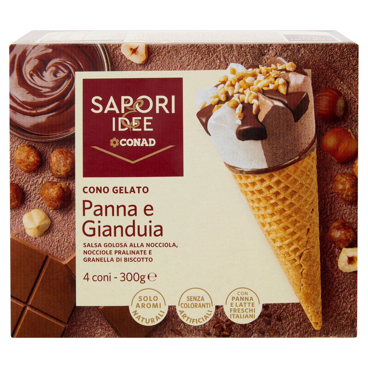 SAPORI & IDEE CONAD Cono Gelato Panna e Gianduia 4 x 75 g