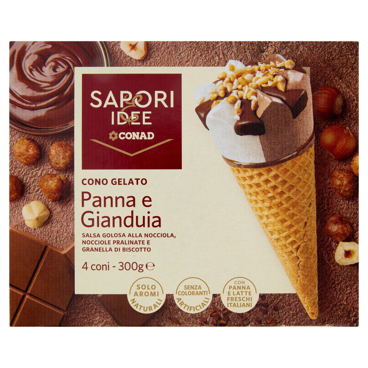 SAPORI & IDEE CONAD Cono Gelato Panna e Gianduia 4 x 75 g