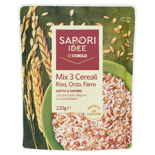 SAPORI & IDEE CONAD Mix 3 Cereali Riso, Orzo, Farro Cotto a Vapore con olio EVO italiano 220 g