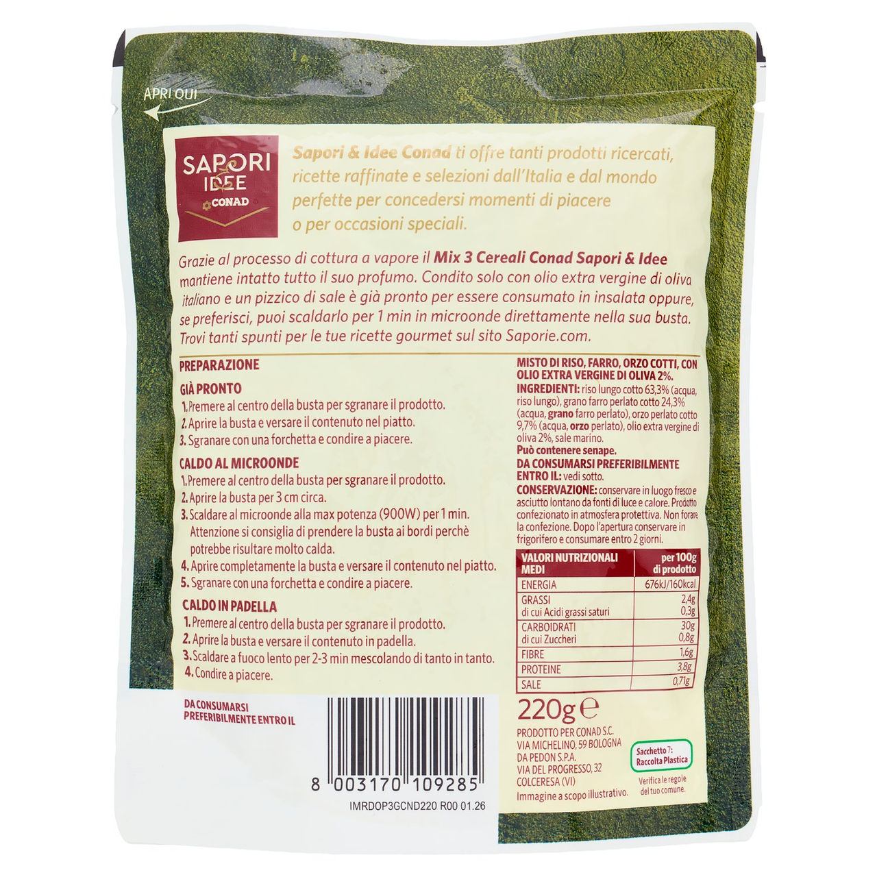 SAPORI & IDEE CONAD Mix 3 Cereali Riso, Orzo, Farro Cotto a Vapore con olio EVO italiano 220 g