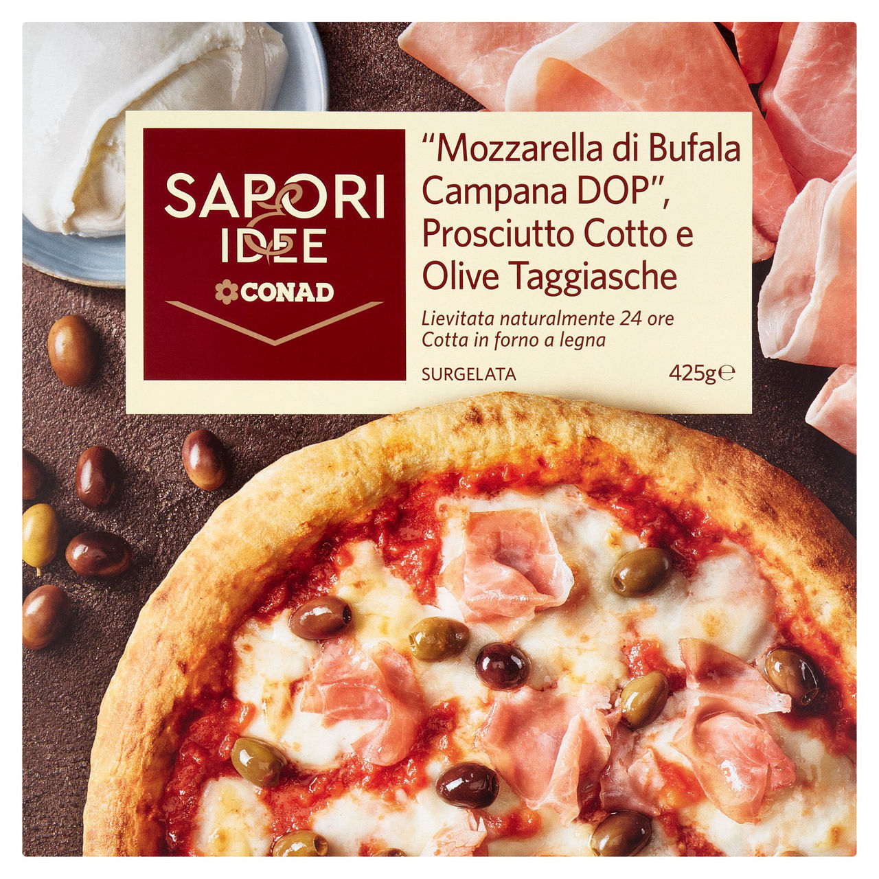 SAPORI & IDEE CONAD Mozzarella Bufala Campana DOP, Prosciutto Cotto, Olive Taggiasche Surgelata 425g