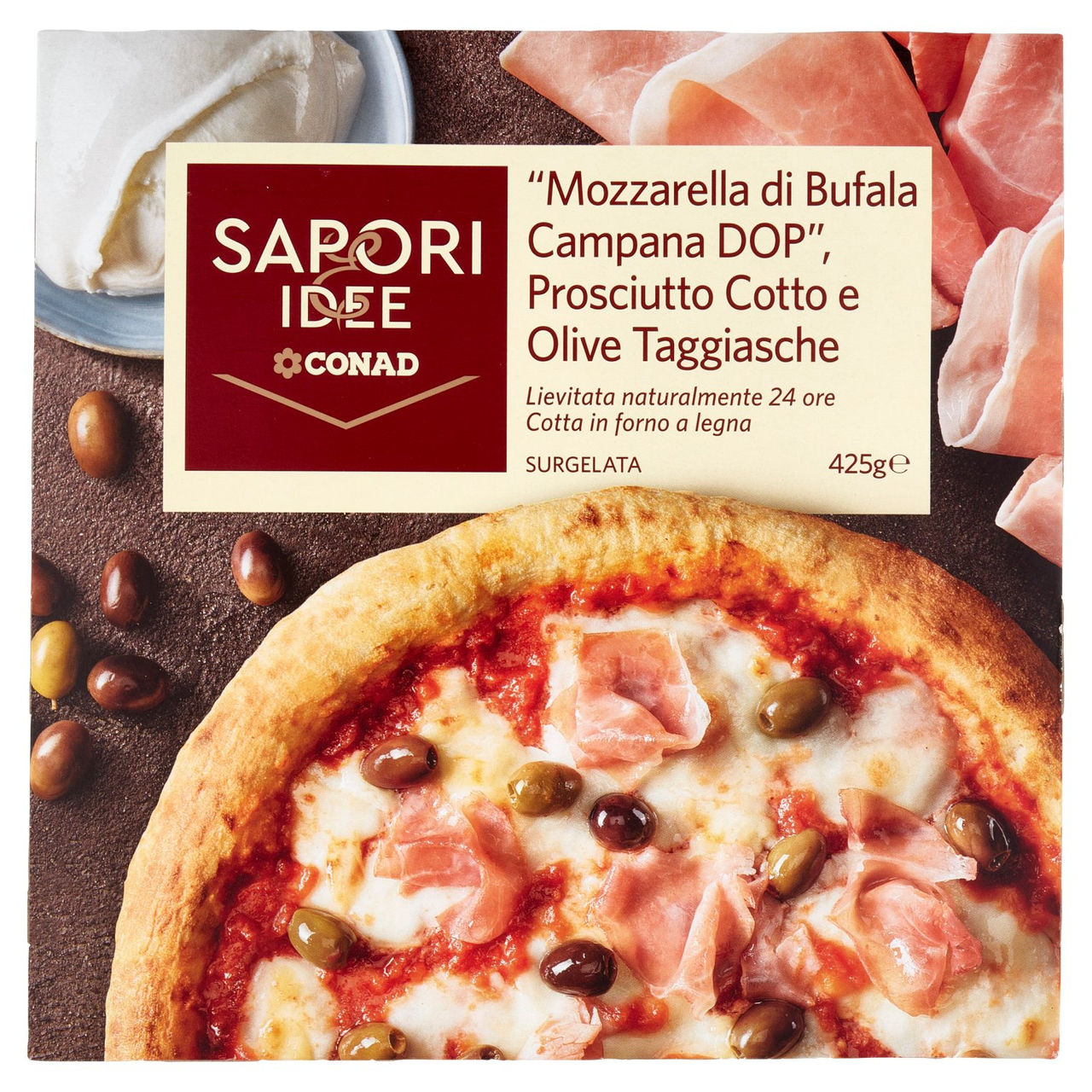 SAPORI & IDEE CONAD Mozzarella Bufala Campana DOP, Prosciutto Cotto, Olive Taggiasche Surgelata 425g