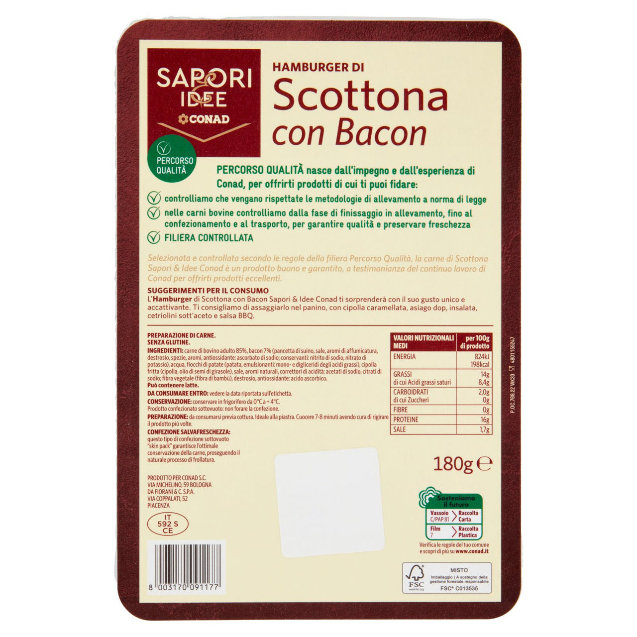 SAPORI & IDEE CONAD Percorso Qualità Hamburger di Scottona Benessere con Bacon 180g