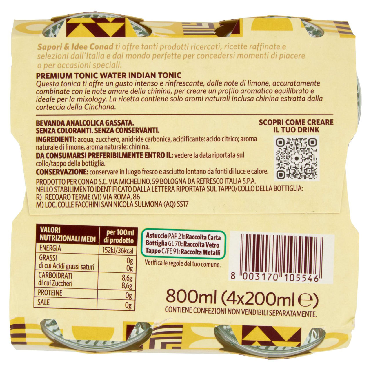 SAPORI & IDEE CONAD Premium Tonic Water Indian Tonic 4 x 200 ml
