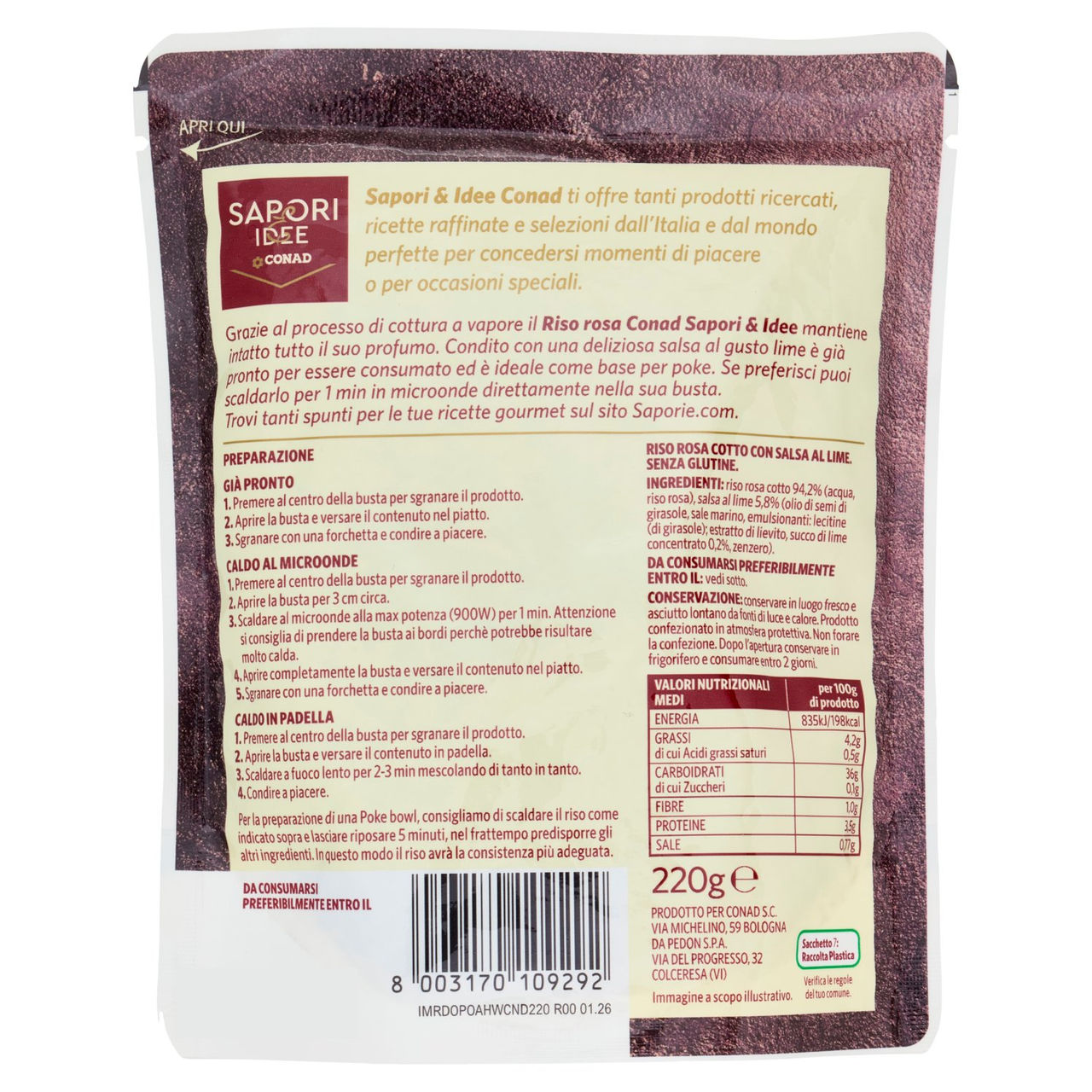 SAPORI & IDEE CONAD Riso Rosa Cotto a Vapore con Salsa al lime 220 g