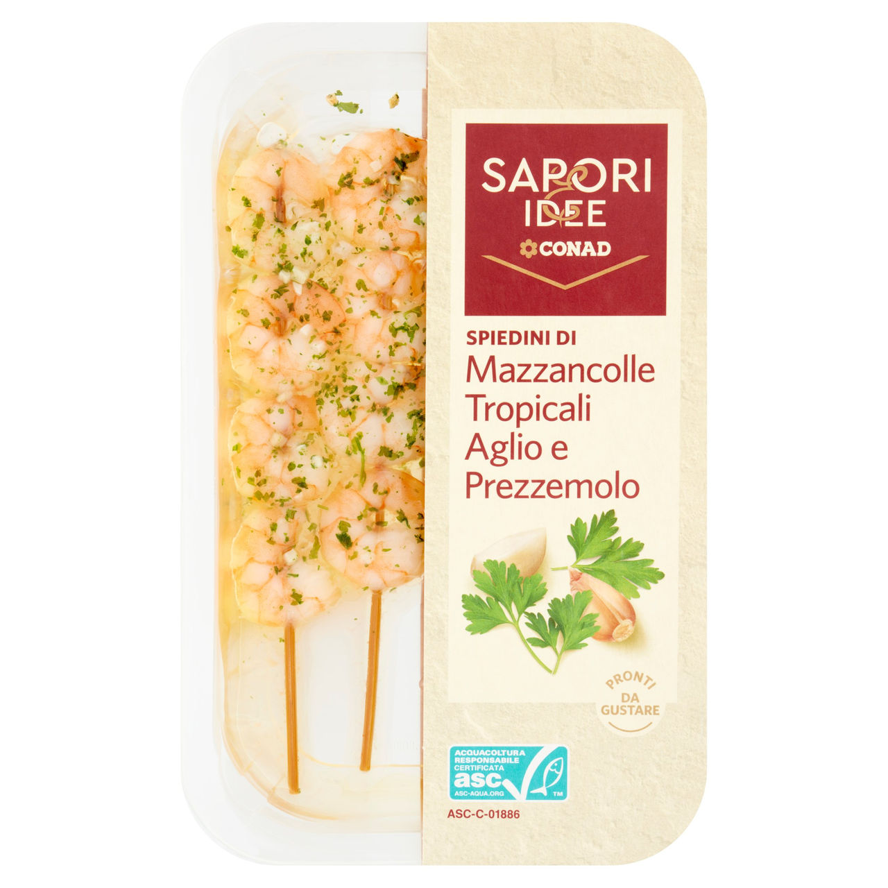 SAPORI & IDEE CONAD Spiedini di Mazzancolle Tropicali Aglio e Prezzemolo 145 g