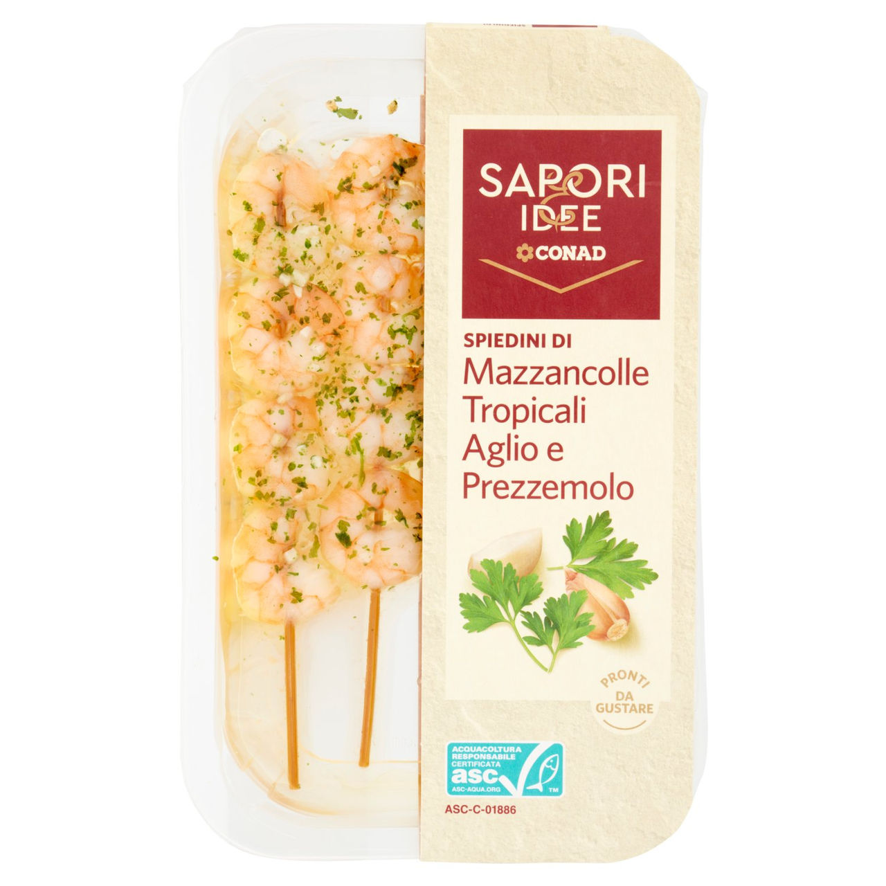 SAPORI & IDEE CONAD Spiedini di Mazzancolle Tropicali Aglio e Prezzemolo 145 g