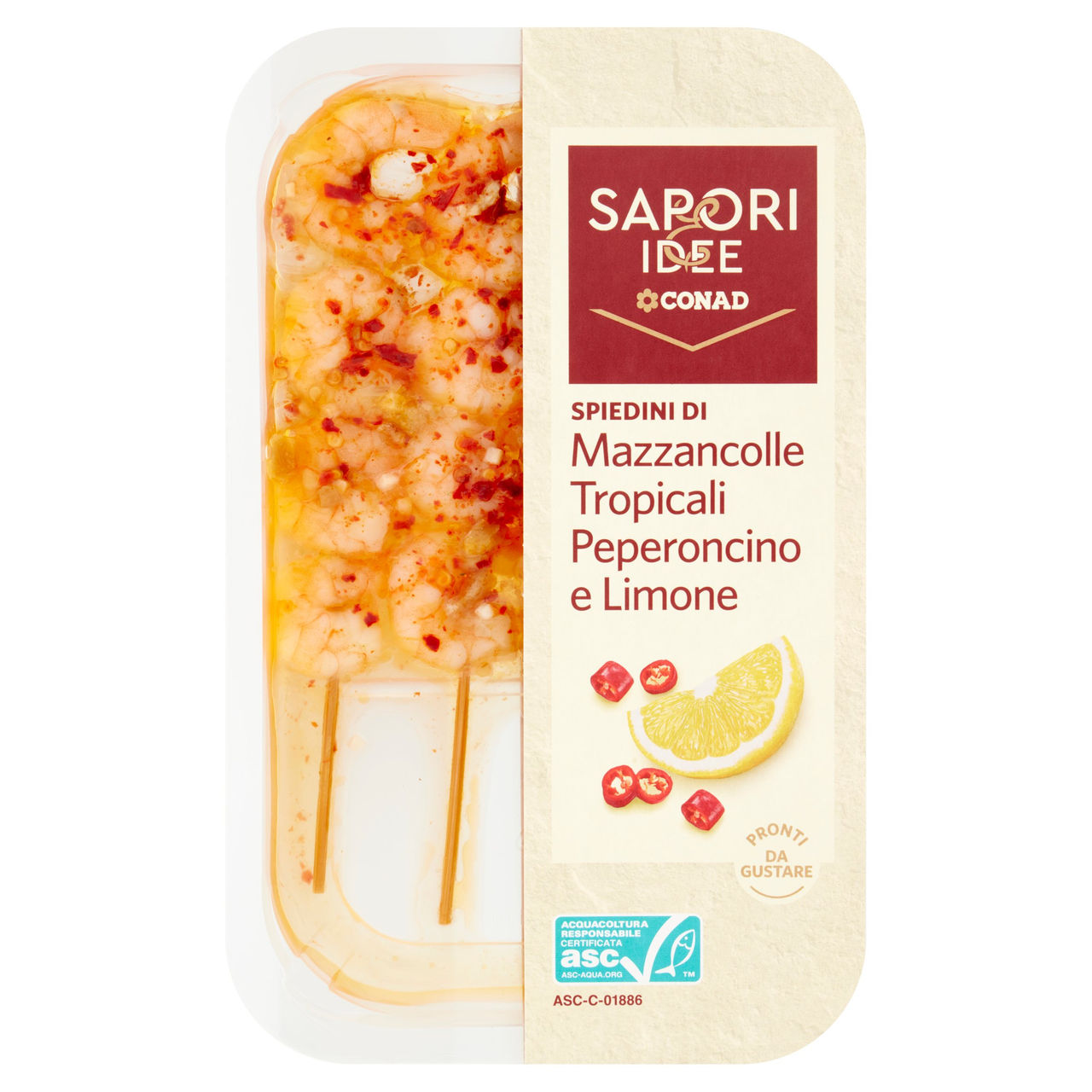 SAPORI & IDEE CONAD Spiedini di Mazzancolle Tropicali Peperoncino e Limone 145 g