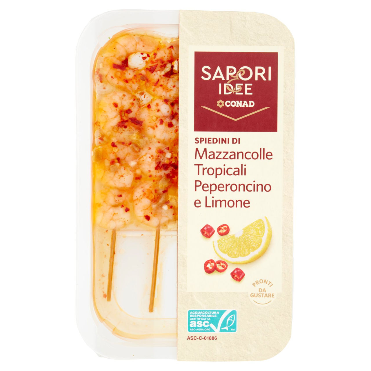 SAPORI & IDEE CONAD Spiedini di Mazzancolle Tropicali Peperoncino e Limone 145 g