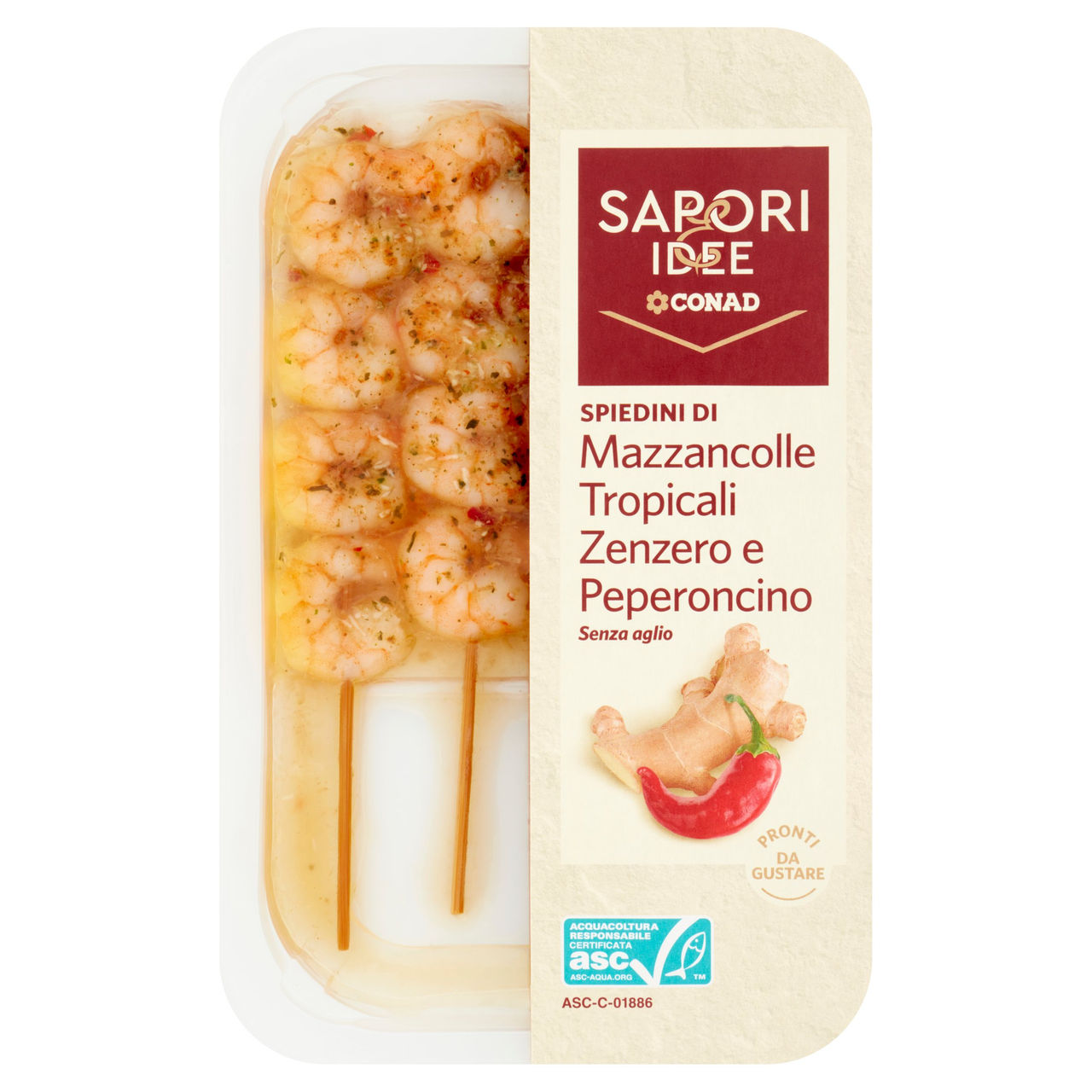 SAPORI & IDEE CONAD Spiedini di Mazzancolle Tropicali Zenzero e Peperoncino 145 g