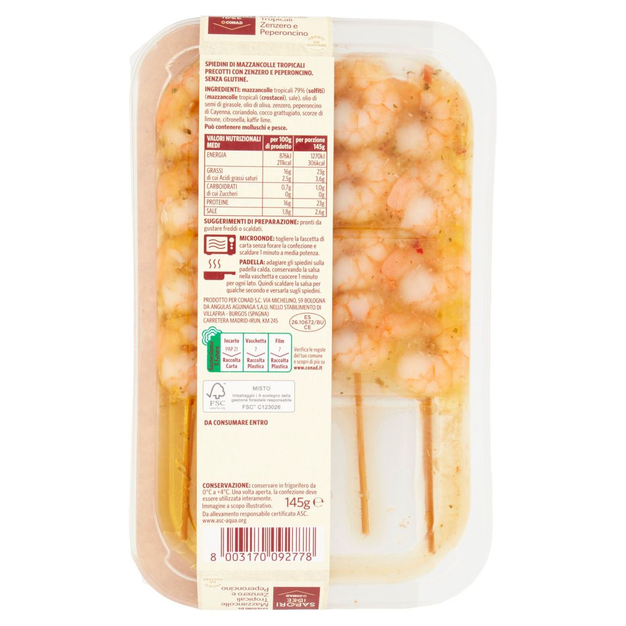 SAPORI & IDEE CONAD Spiedini di Mazzancolle Tropicali Zenzero e Peperoncino 145 g