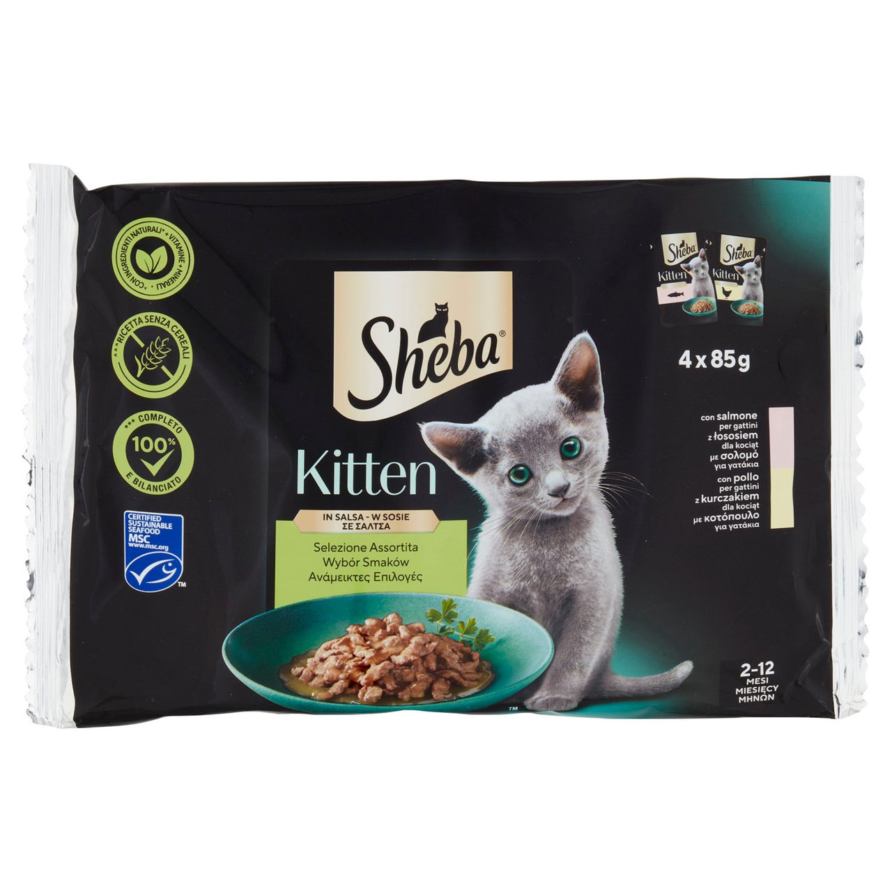 Sheba Kitten in salsa cibo umido gatto gattino Selezione Assortita 4x85g
