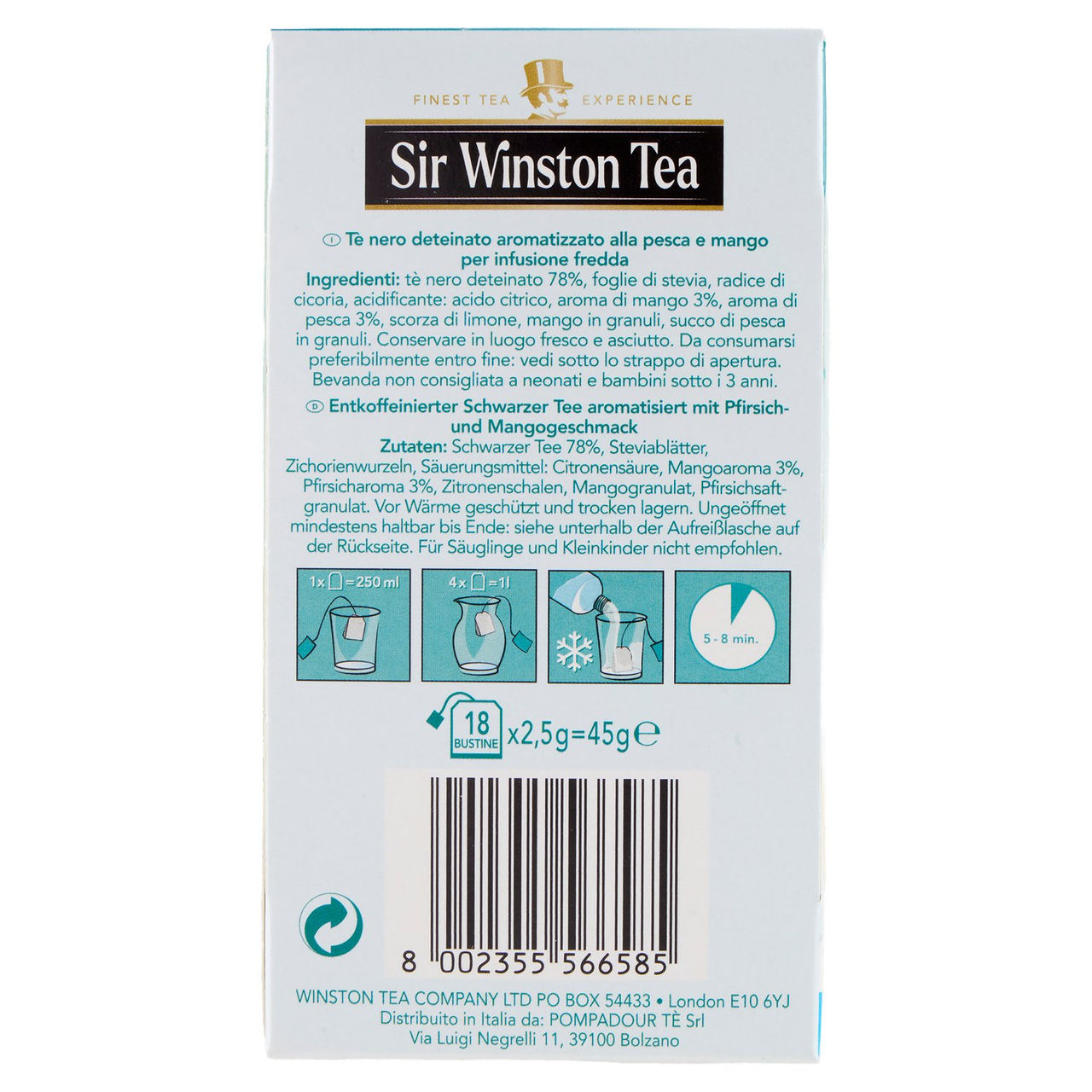 Sir Winston Tea Tè Freddo Ice Tea Pesca Mango Deteinato 18 x 2,5 g