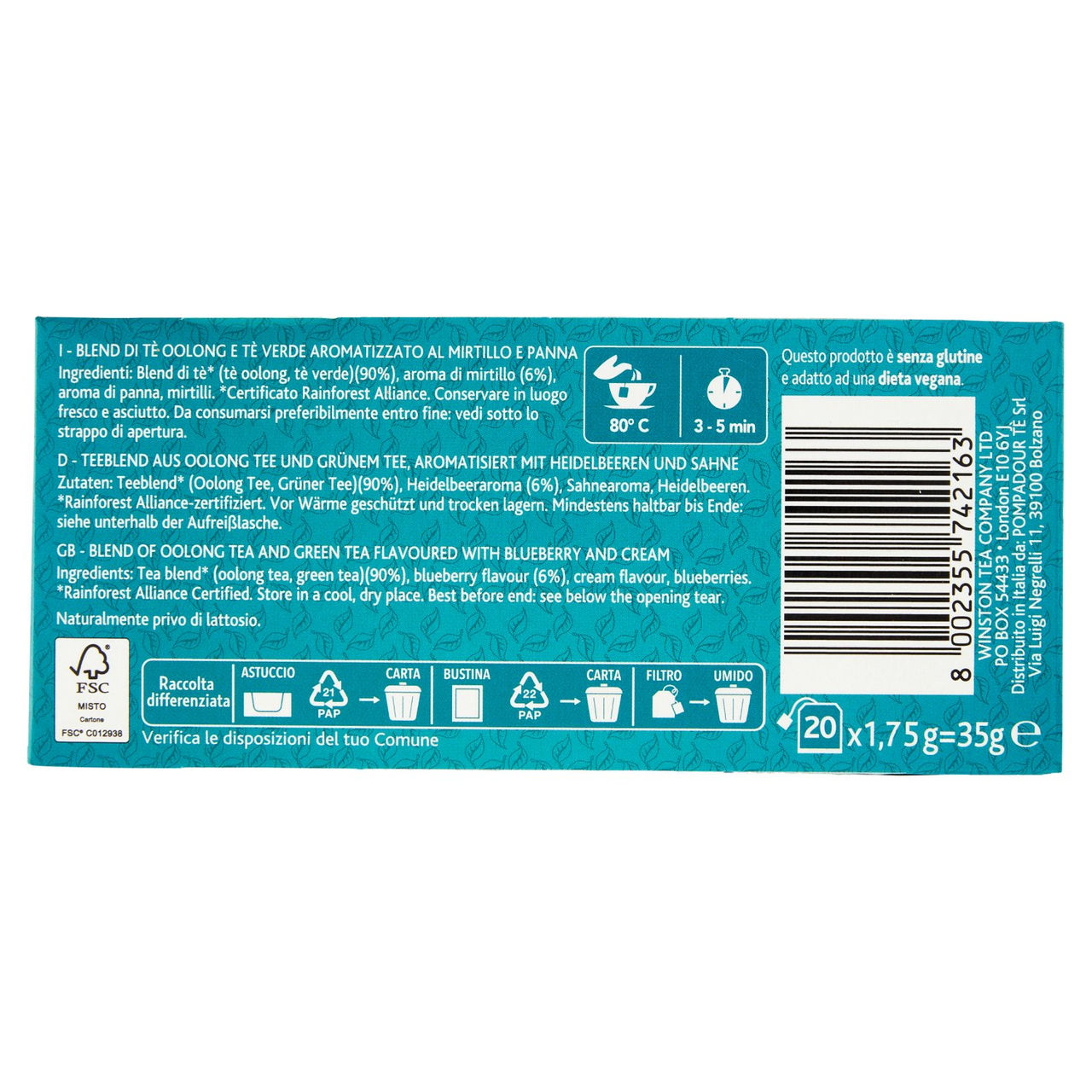 Sir Winston Tea Tè Oolong Blu Mirtillo 20 x 1,75 g