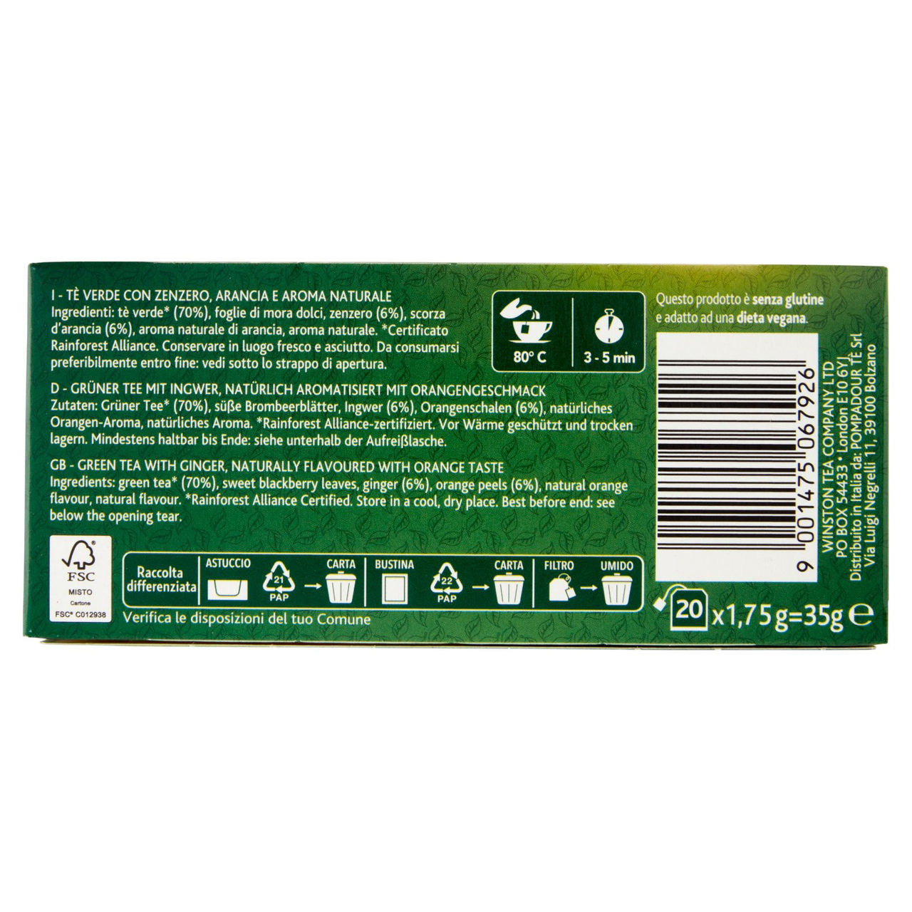 Sir Winston Tea Zenzero e Arancia Tè Verde 20 x 1,75 g
