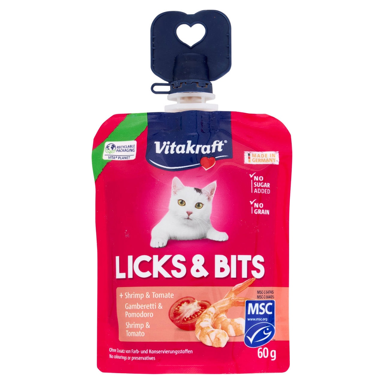 Snack per gatti Licks & Bits Vitakraft gamberetti e pomodoro 60 g