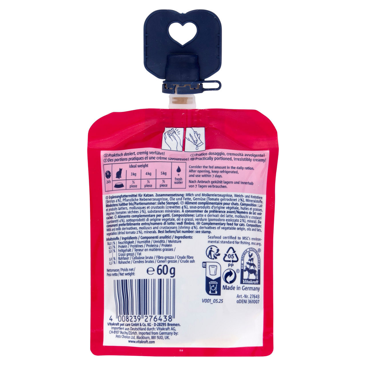 Snack per gatti Licks & Bits Vitakraft gamberetti e pomodoro 60 g