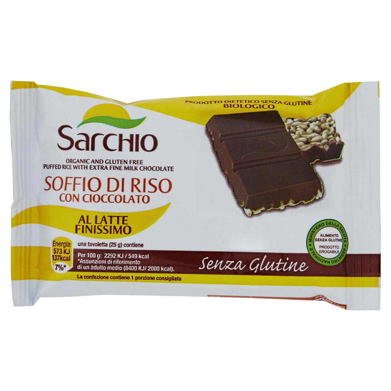 Soffio di riso monoporzione Sarchio con cioccolato latte finissimo senza glutine bio 25 g