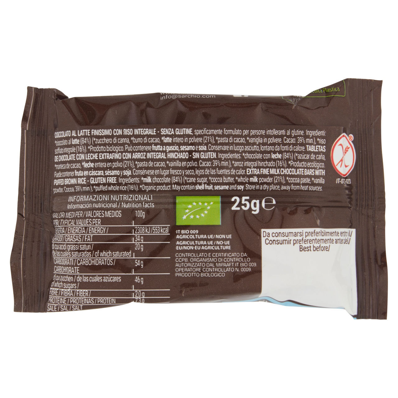 Soffio di riso monoporzione Sarchio con cioccolato latte finissimo senza glutine bio 25 g