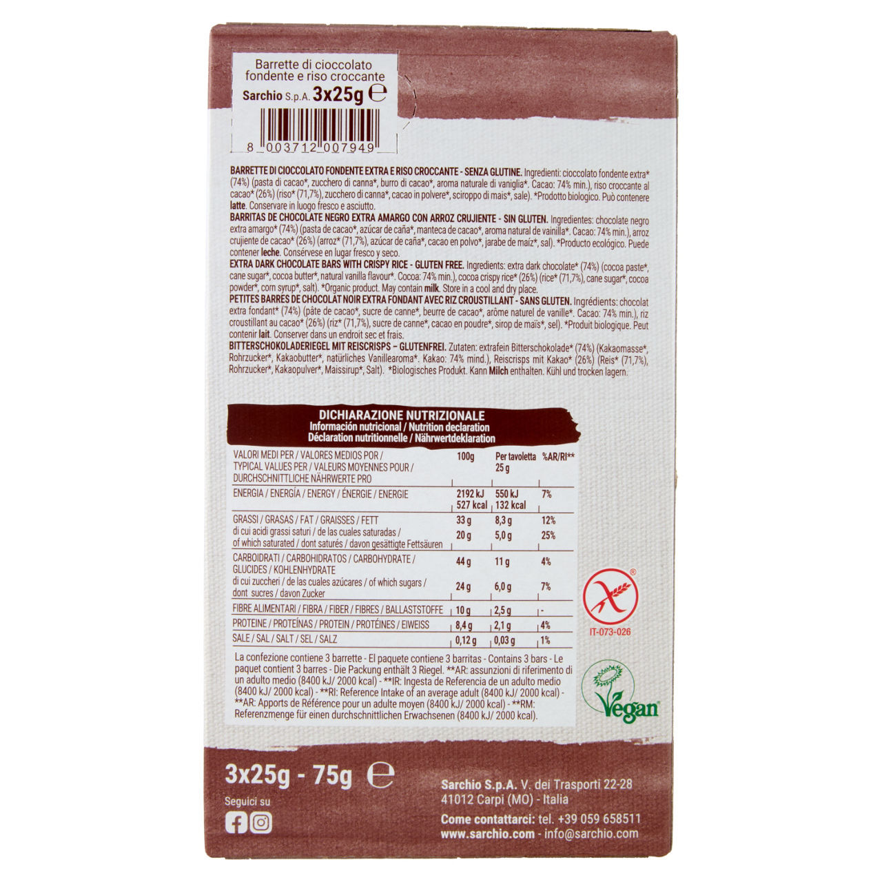 Soffio di riso Sarchio cioccolato fondente extra bio senza glutine 75 g