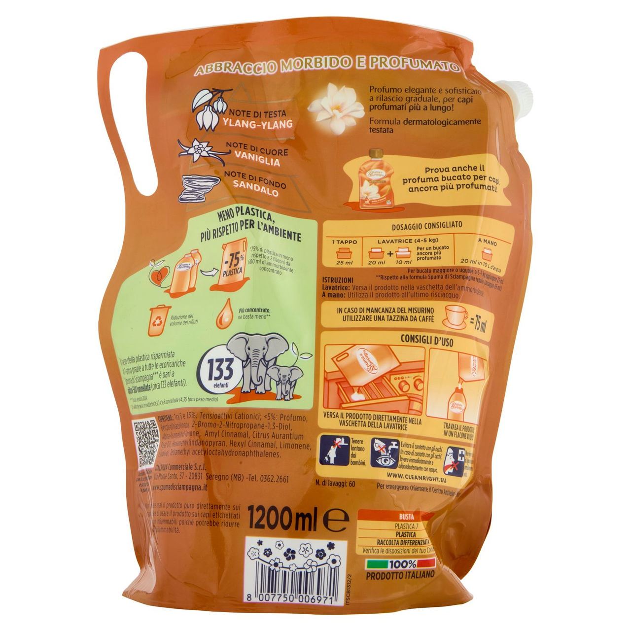 Spuma di Sciampagna Ammorbidente Concentrato Soffio d'Oriente Ecoricarica 1200 ml