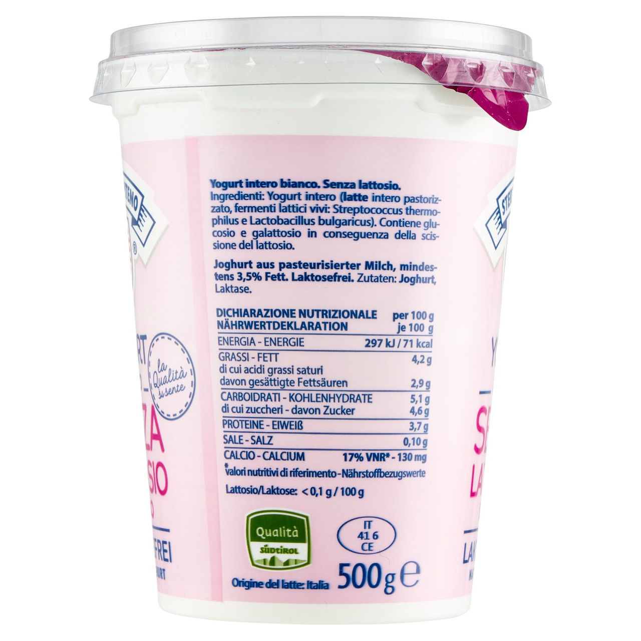 Sterzing Vipiteno Yogurt intero Senza Lattosio Bianco 500 g