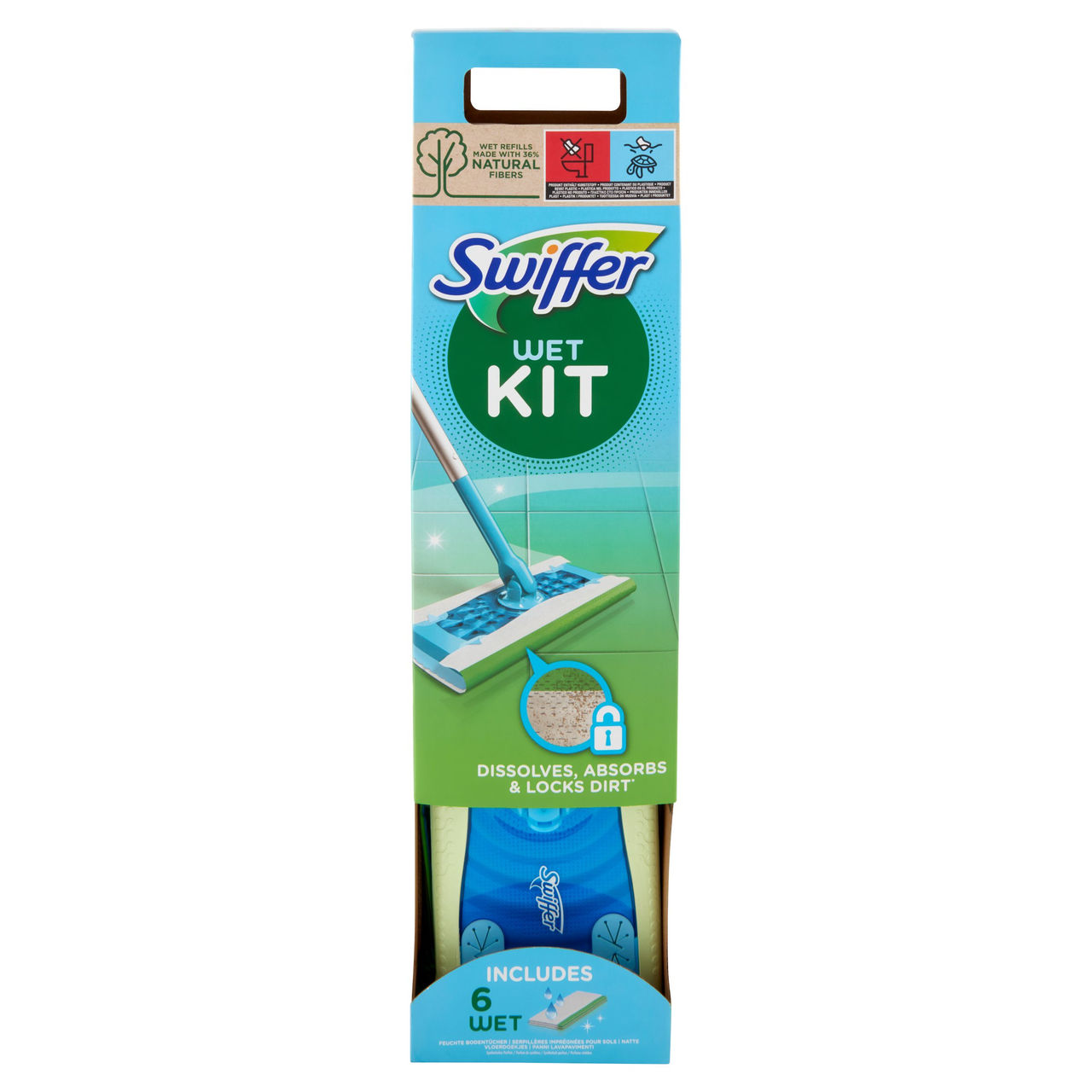 Swiffer Wet Kit - Scopa   6 Panni Umidi Lavapavimenti con Detersivo Pavimenti