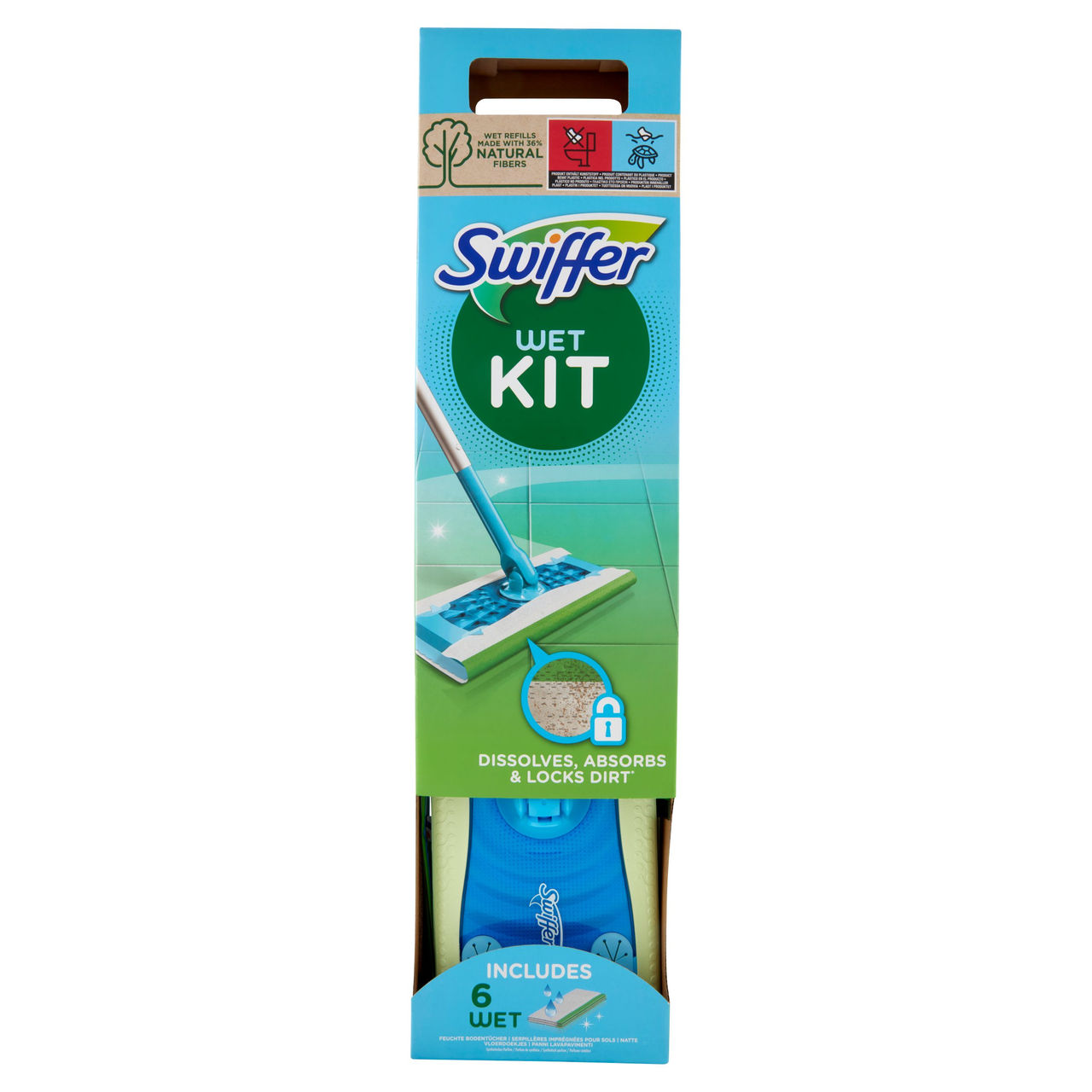 Swiffer Wet Kit - Scopa   6 Panni Umidi Lavapavimenti con Detersivo Pavimenti