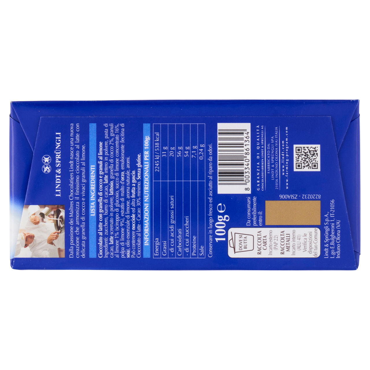 Tavoletta cioccolato Lindt Cocco e limone 100 gr