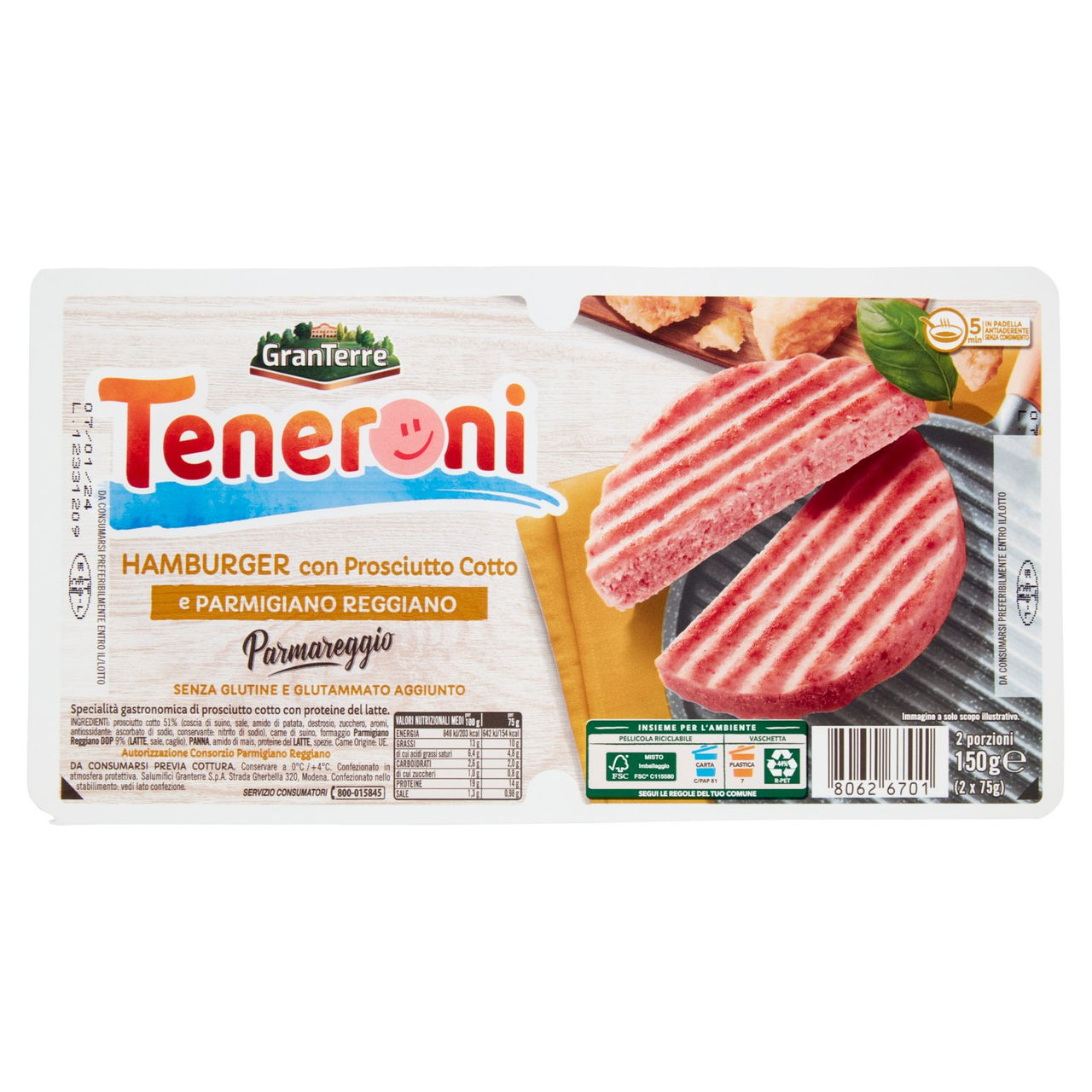 Teneroni Hamburger con Prosciutto Cotto e Parmigiano Reggiano 2 x 75 g