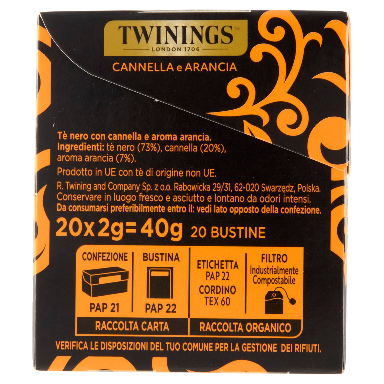 Twinings Cannella e Arancia Tè Nero aromatizzato 20 filtri The 40 g