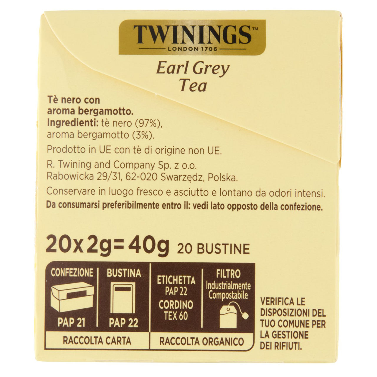 Twinings Earl Grey Tè Nero al sapore di Bergamotto 20 filtri The 40 g