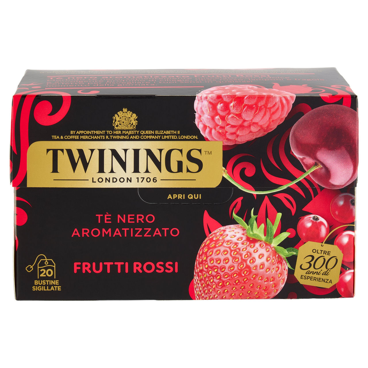Twinings Frutti Rossi Tè Nero aromatizzato alla Fragola, Ciliegia, Ribes Lampone 20 filtri The 40 g