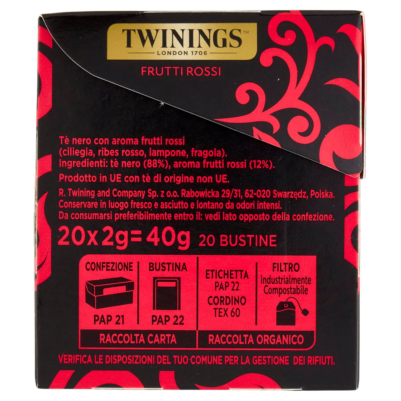 Twinings Frutti Rossi Tè Nero aromatizzato alla Fragola, Ciliegia, Ribes Lampone 20 filtri The 40 g