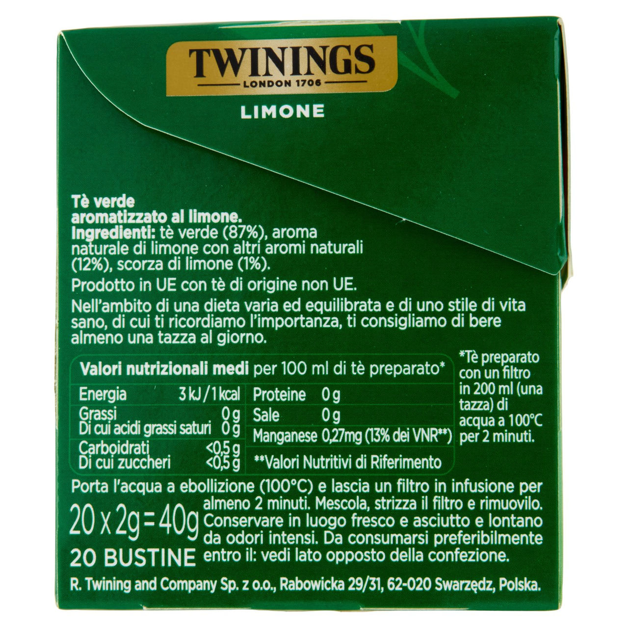 Twinings Limone Tè Verde aromatizzato Antiossidante e Supporto Metabolismo 20 filtri The 40 g