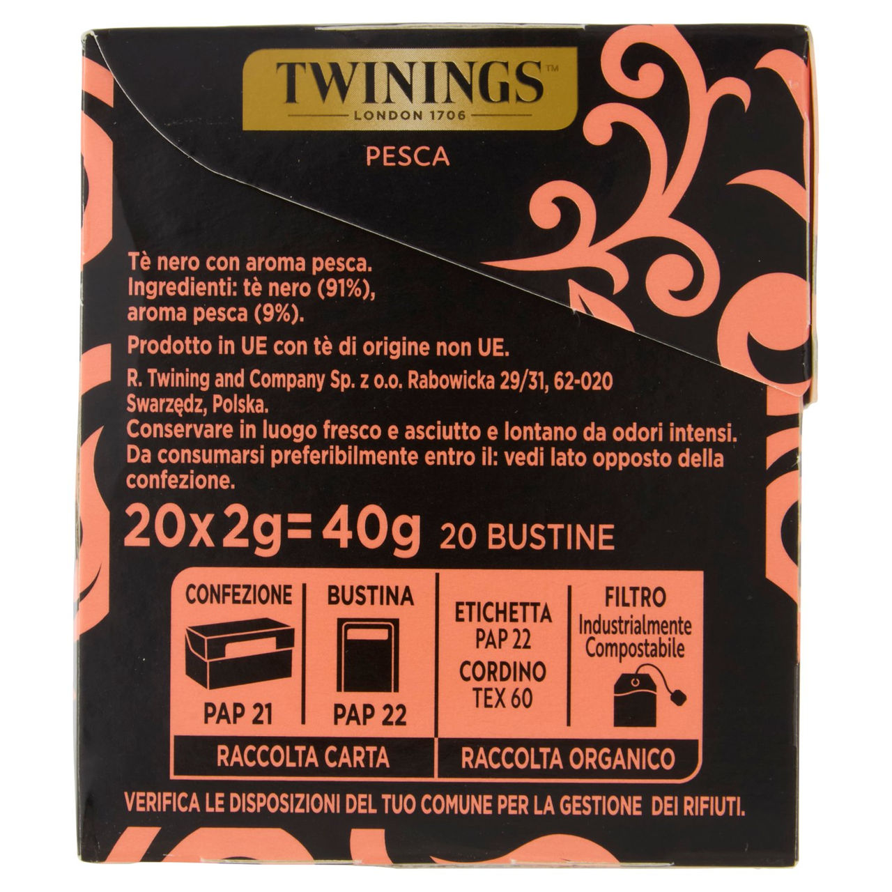 Twinings Pesca Tè Nero aromatizzato 20 filtri The 40 g