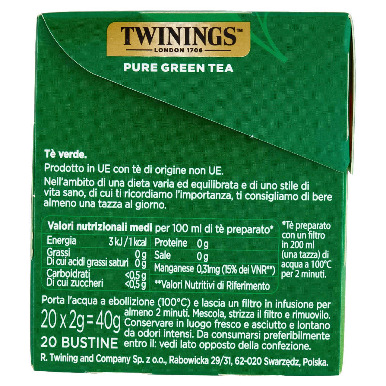 Twinings Pure Green Tea Tè Verde Antiossidante 20 filtri The 40 g