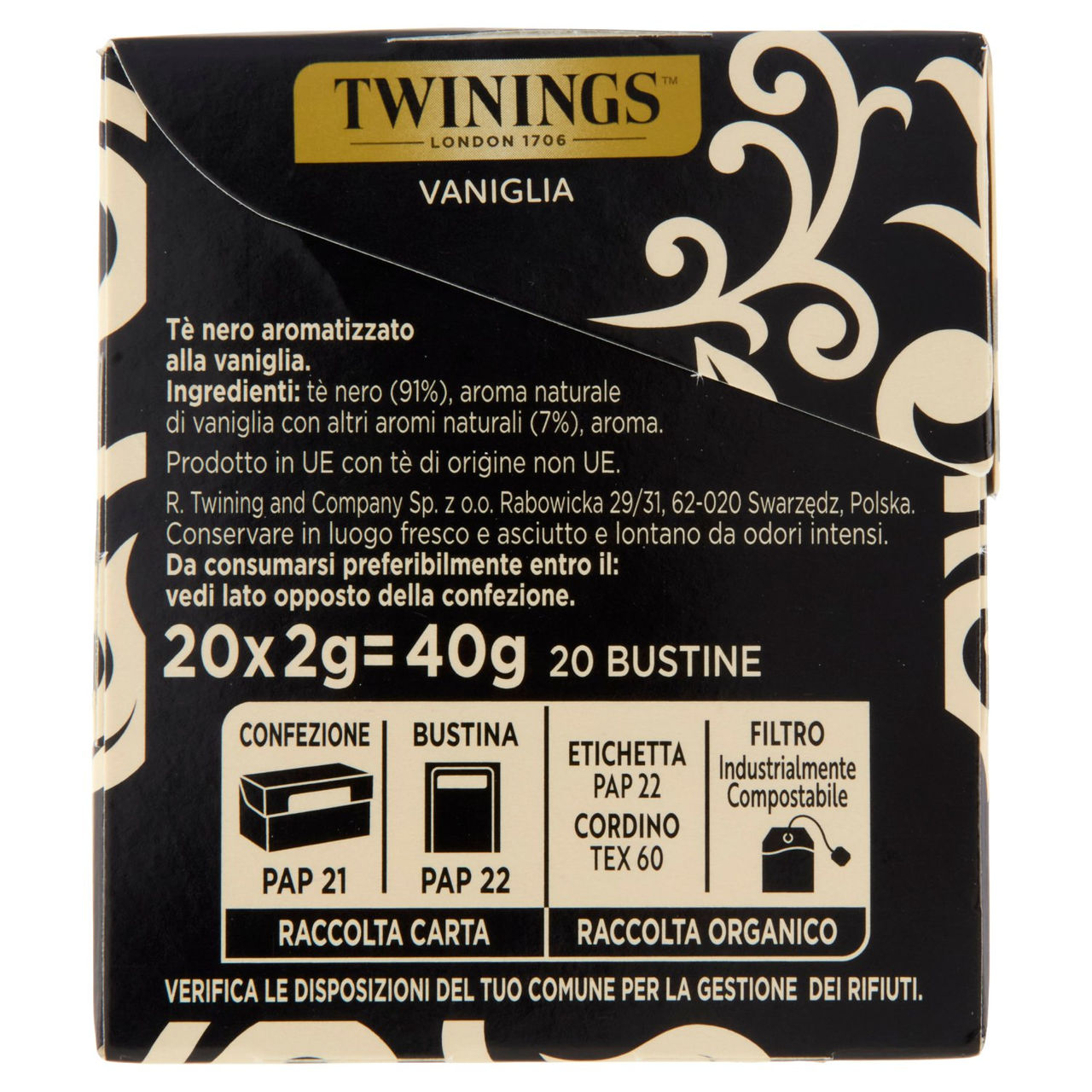 Twinings Vaniglia Tè Nero aromatizzato 20 filtri The 40 g